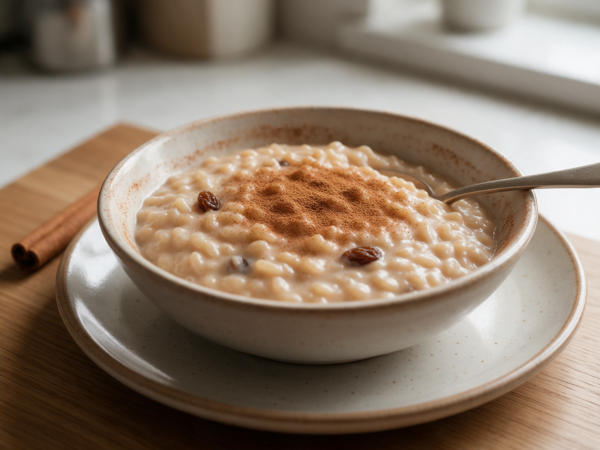 Bowl of creamy rice pudding dusted with cinnamon and a few raisins with a spoon