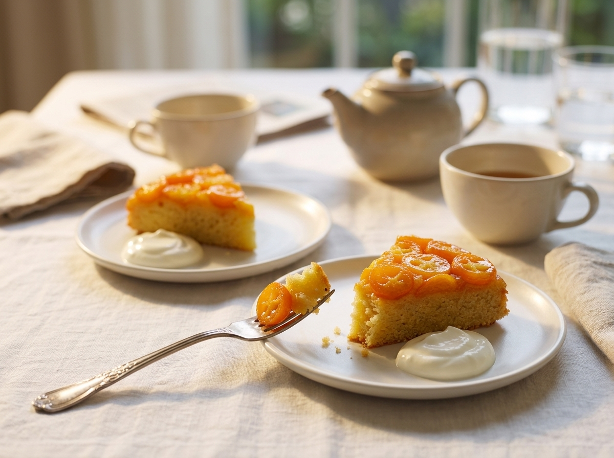 Two cake slices with yogurt on a linen-covered table beside a teapot and cups at breakfast