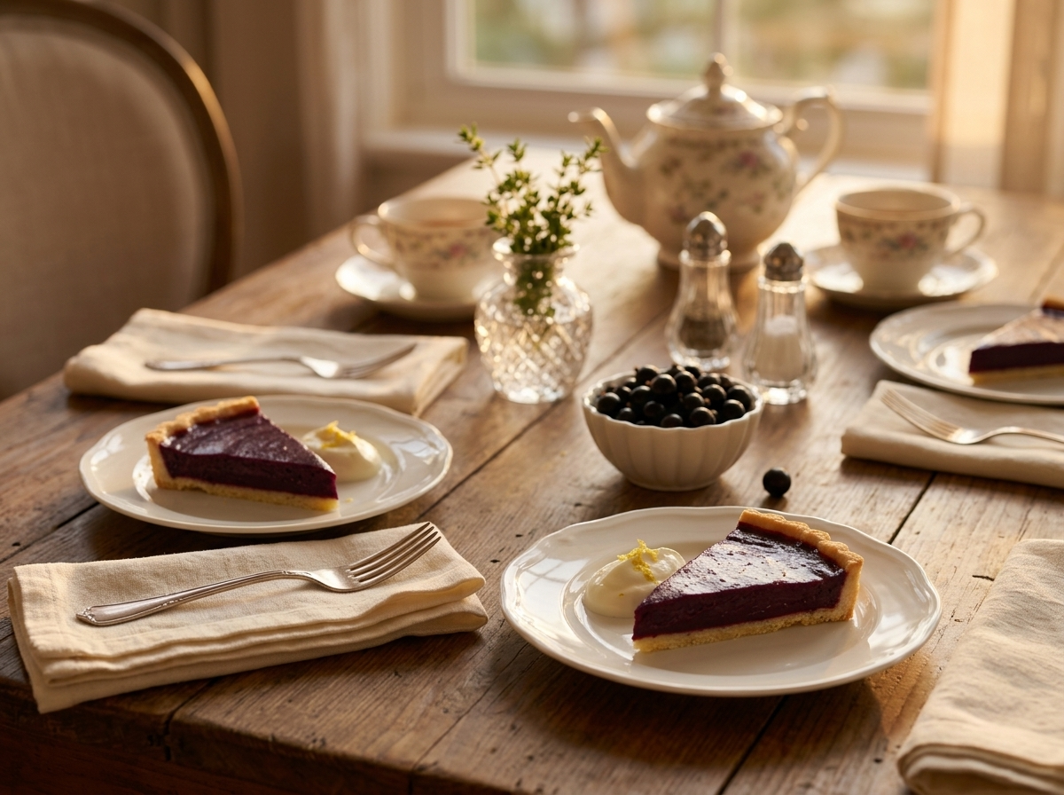 Cut slices on small white plates with crème fraîche, teacups and linen napkins on a sunlit wooden table