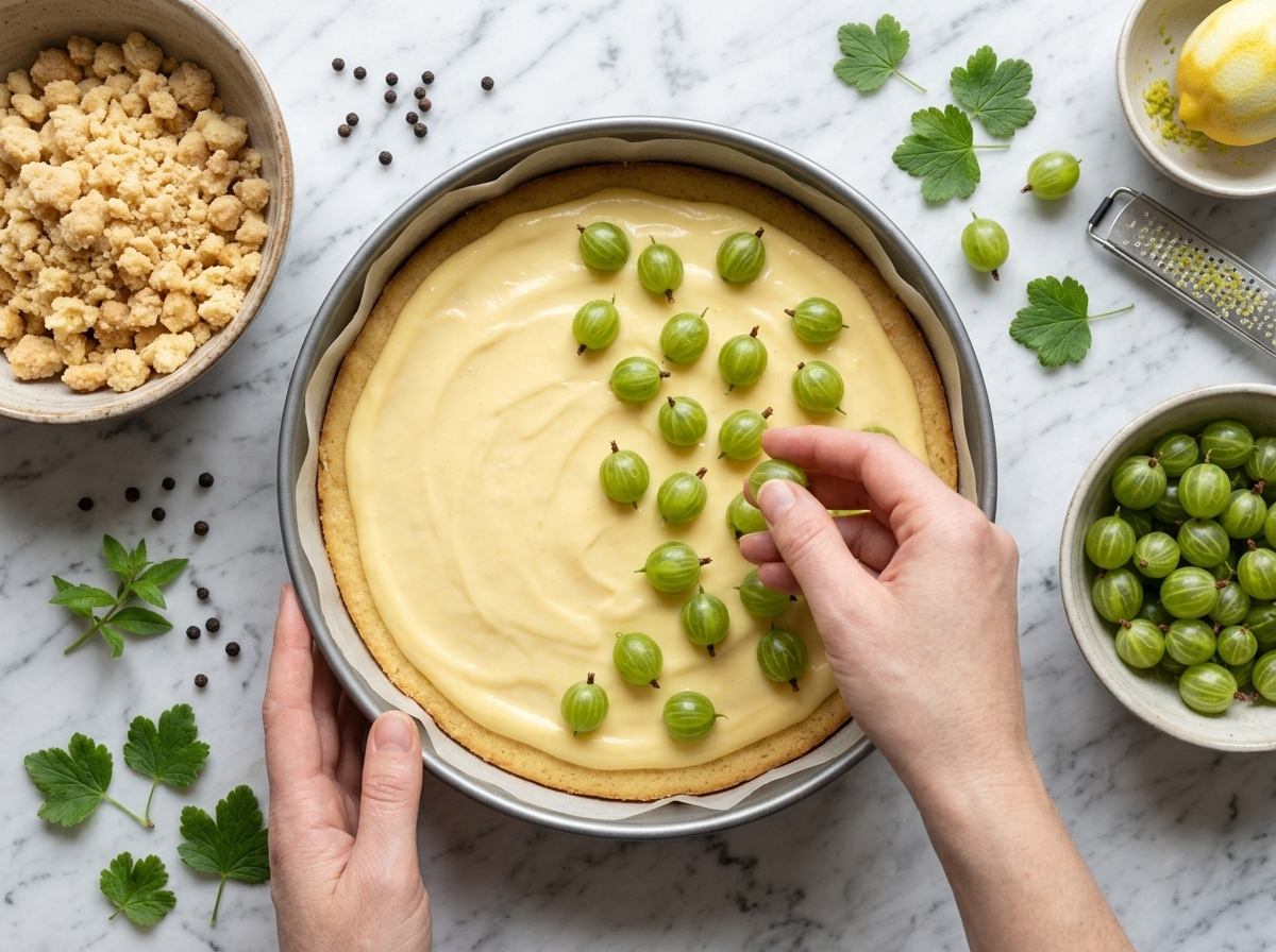 Hands scattering tossed green gooseberries over pale custard spread on raw cake batter in a springform pan