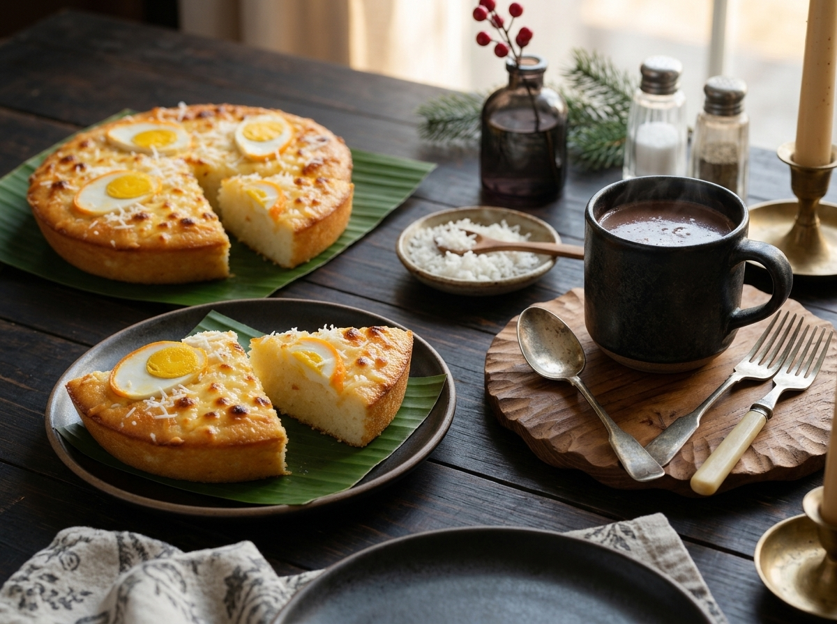 Hands pulling apart warm bibingka wedges next to mugs of hot chocolate at a Christmas breakfast table