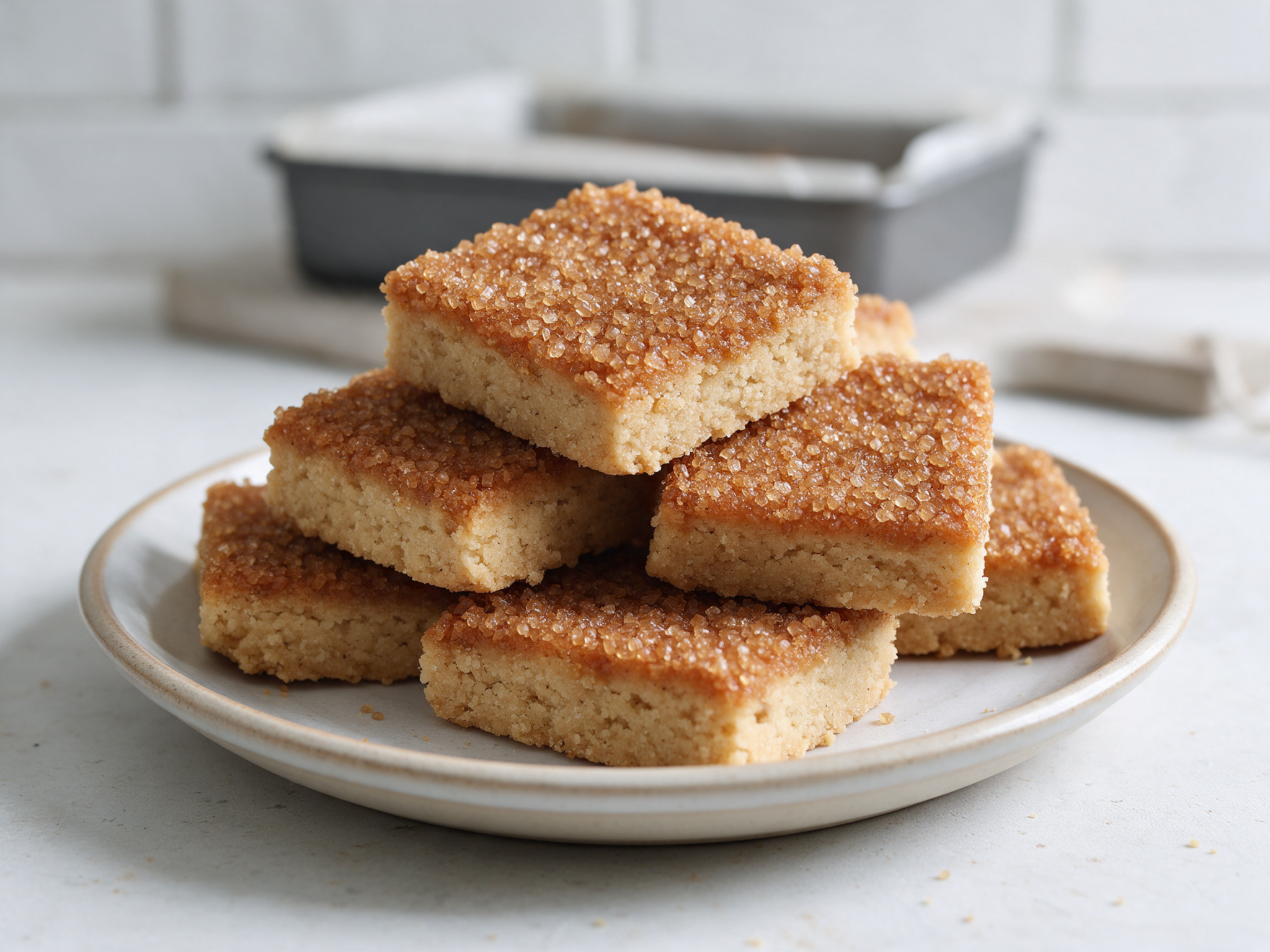 Squares of crumbly spiced gingerbread with sugary top beside a cup of tea