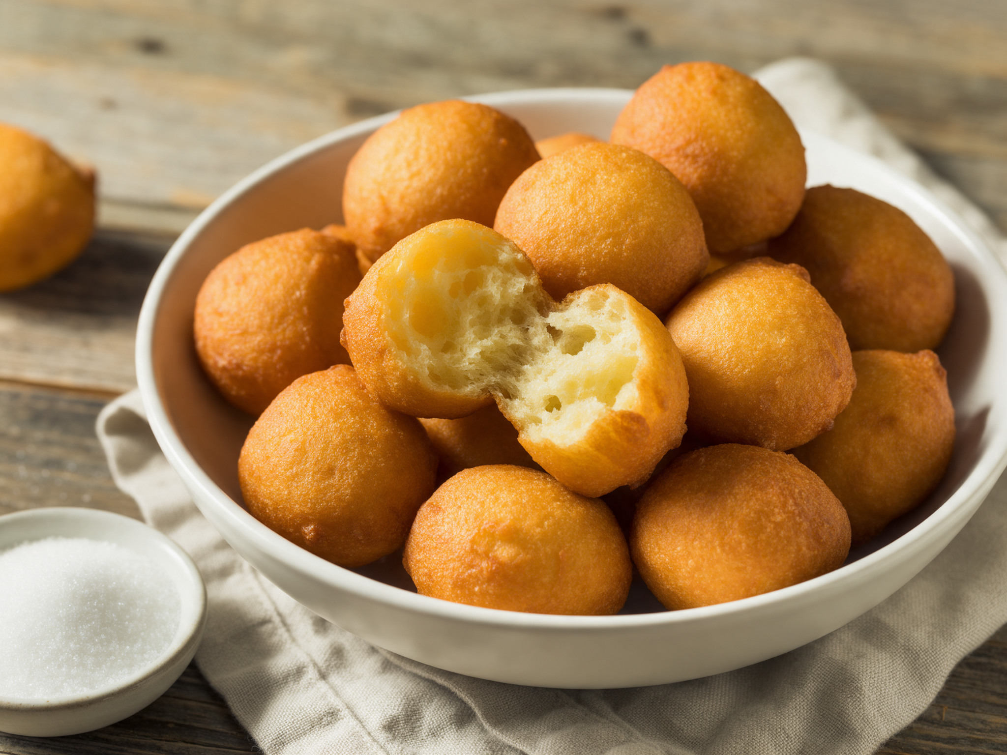 Golden Nigerian puff puff piled in a white bowl on a wooden table, one torn open to show the airy center