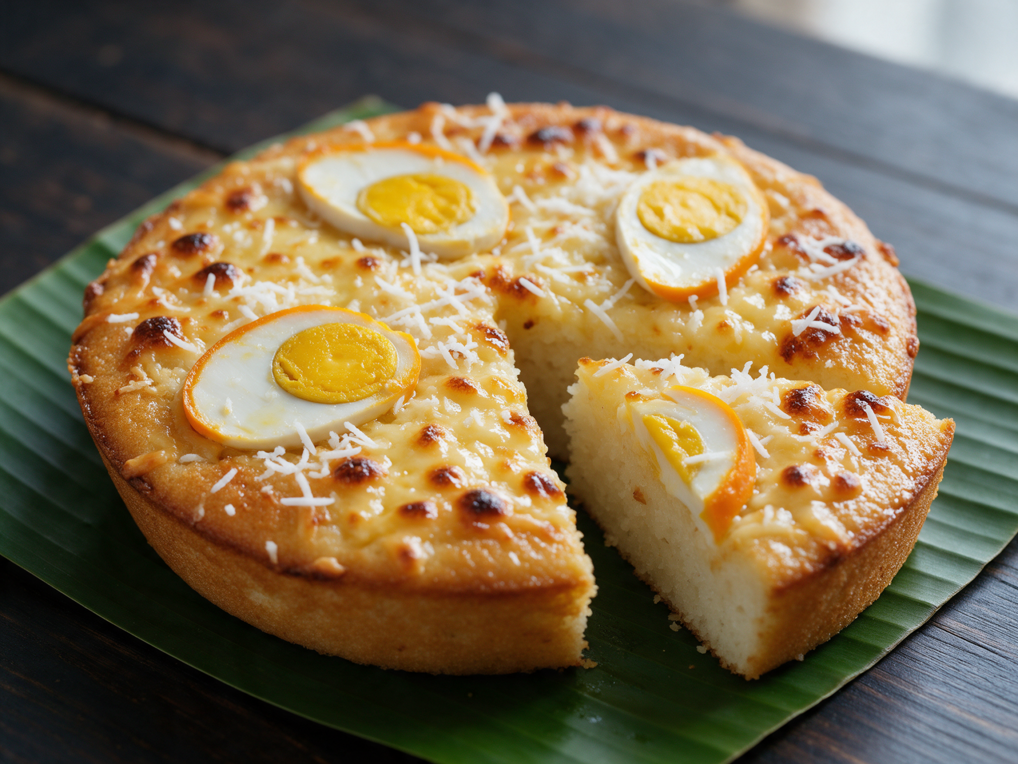 Golden bibingka wedge with salted egg slices and melted cheese on a banana leaf over a dark wood table