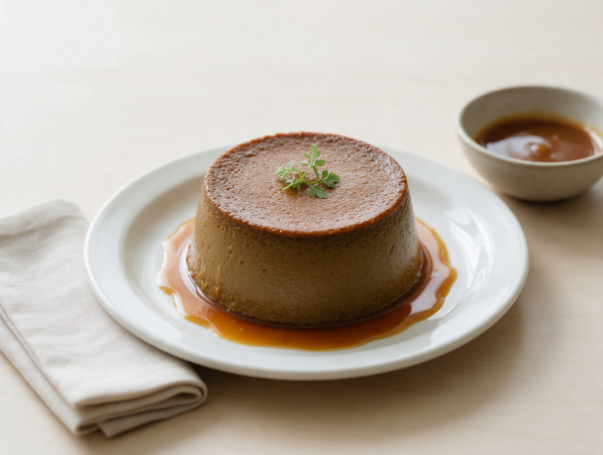 Baked hojicha caramel custard unmolded on a white plate, amber caramel pooling around it, soft window light
