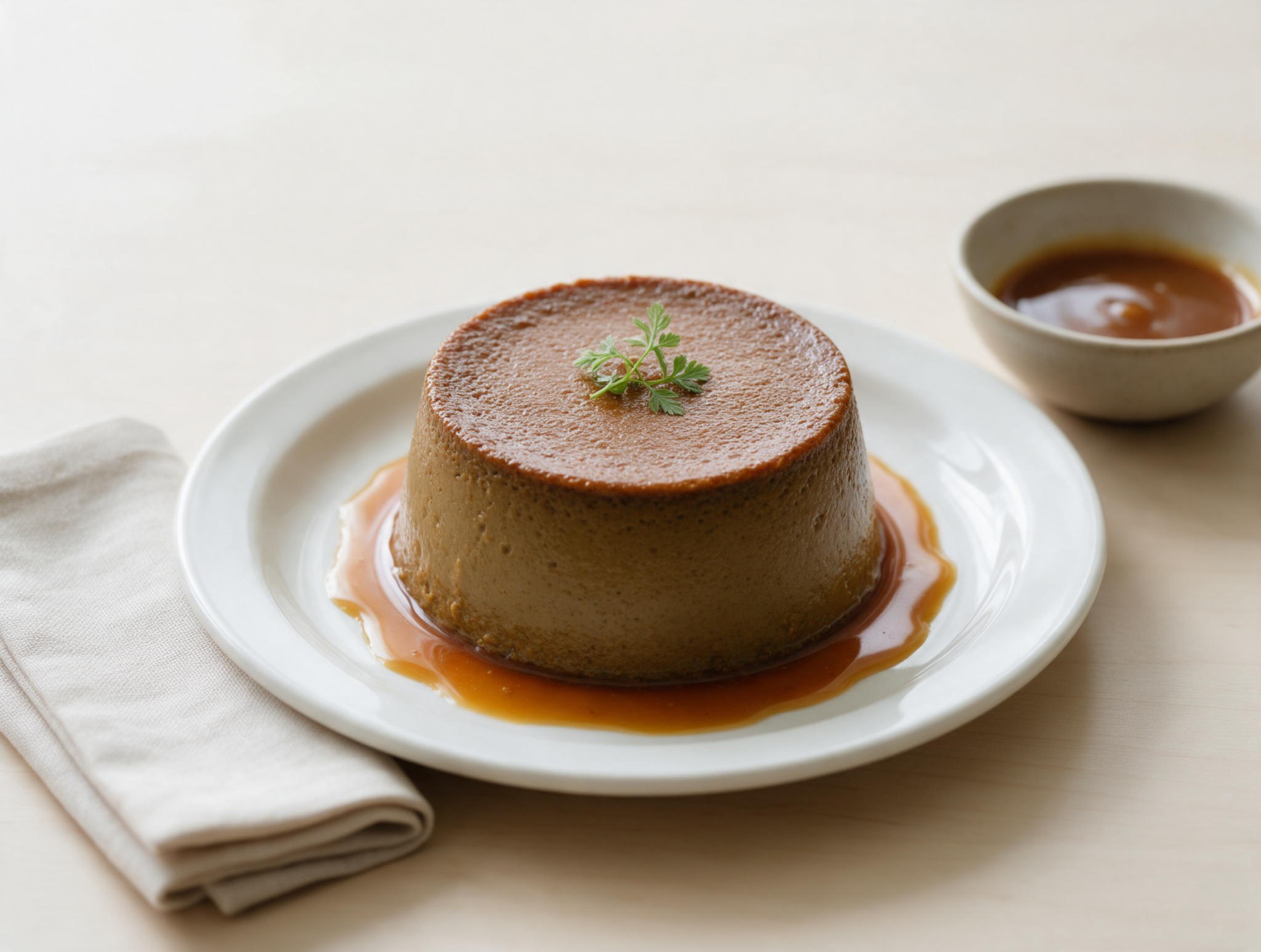Baked hojicha caramel custard unmolded on a white plate, amber caramel pooling around it, soft window light