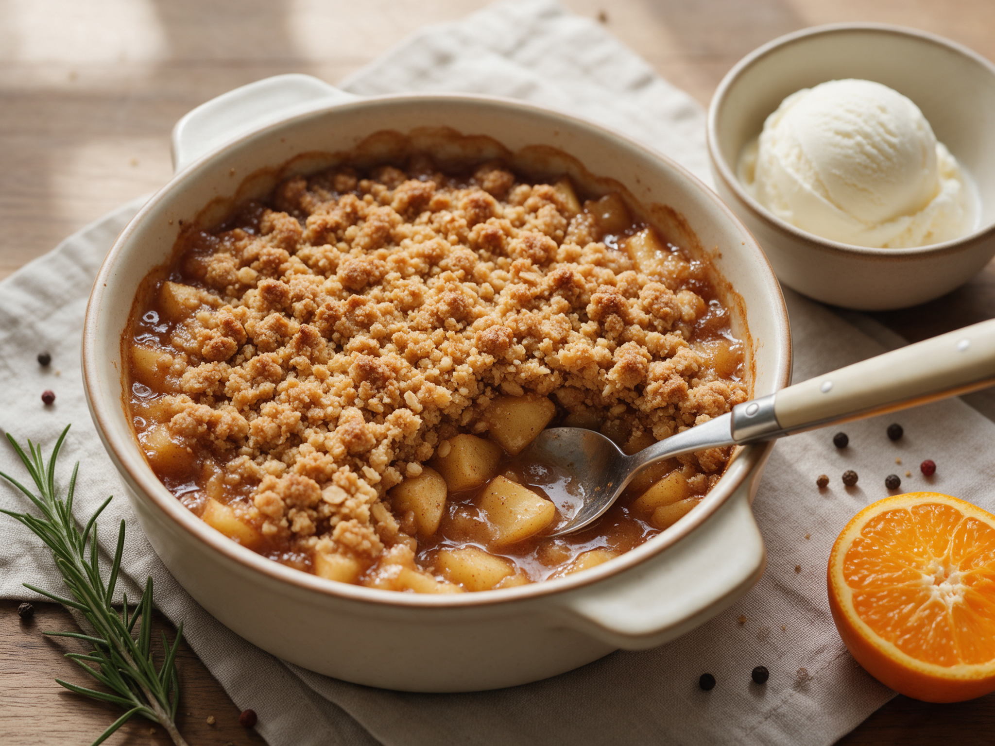 Baking dish of apple crisp with golden crumb topping and a bowl served with ice cream