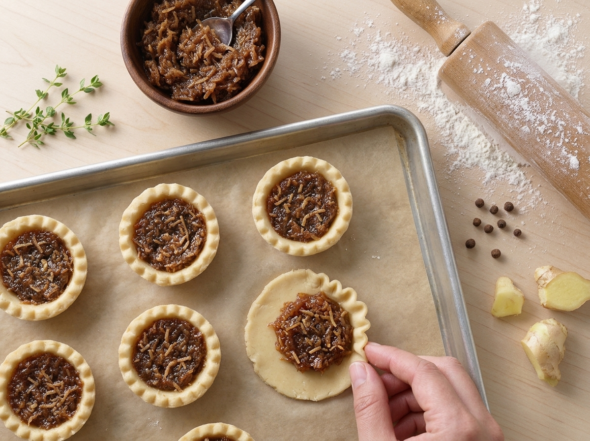 Hands pinching the edge of a raw dough round filled with glossy coconut mixture on a parchment-lined sheet pan