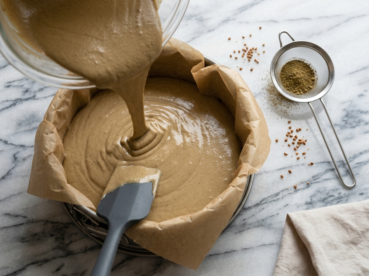 Smooth tan cheesecake batter poured into a parchment-lined springform pan beside a sieve of green tea powder