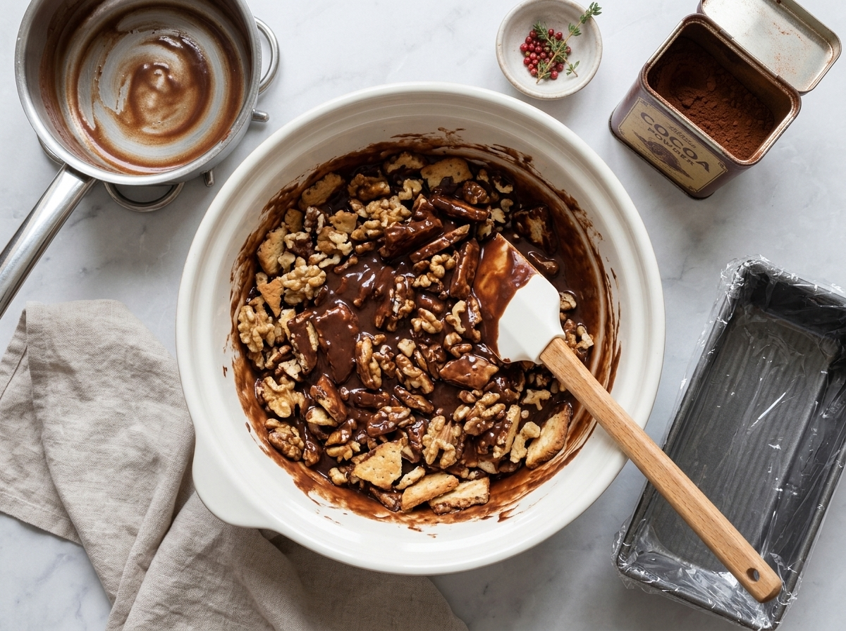 Warm cocoa sauce being folded into broken tea biscuits and walnuts in a wide bowl with a rubber spatula