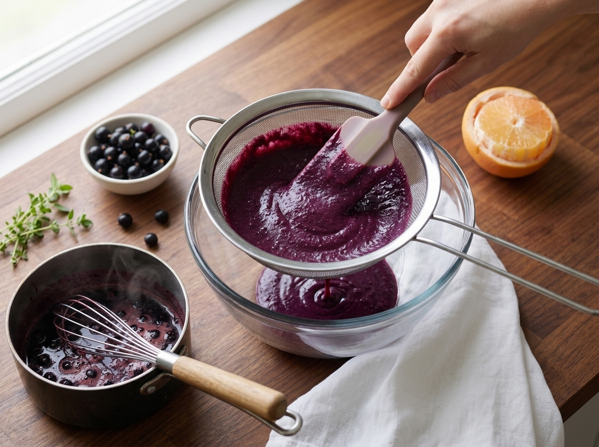 Spatula pressing hot purple purée through a fine-mesh sieve into a bowl beside a saucepan of simmered berries
