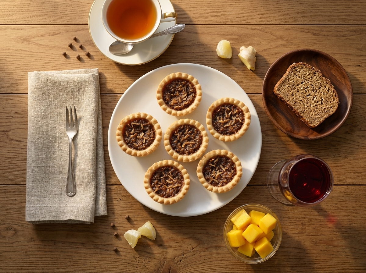 Two gizzada tarts beside a cup of hot tea and a glass of red sorrel on a linen-covered table near a window