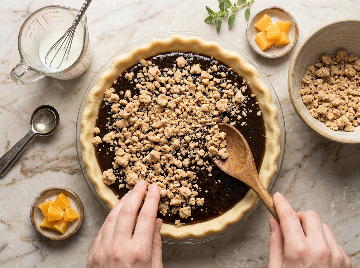 Hands scattering brown sugar crumbs over thin molasses filling in an unbaked pie crust on marble