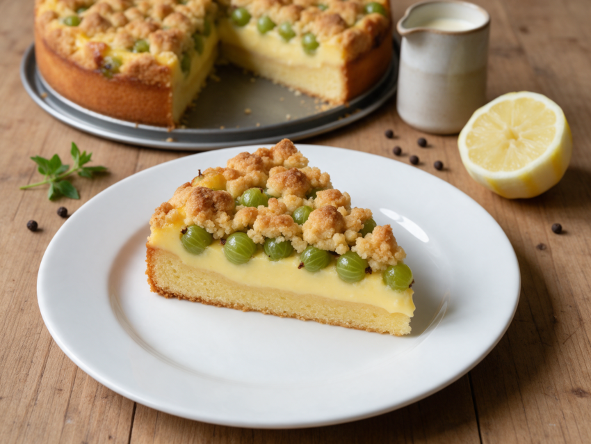 Slice of gooseberry custard crumble cake on a white plate showing green fruit, yellow custard and golden crumble