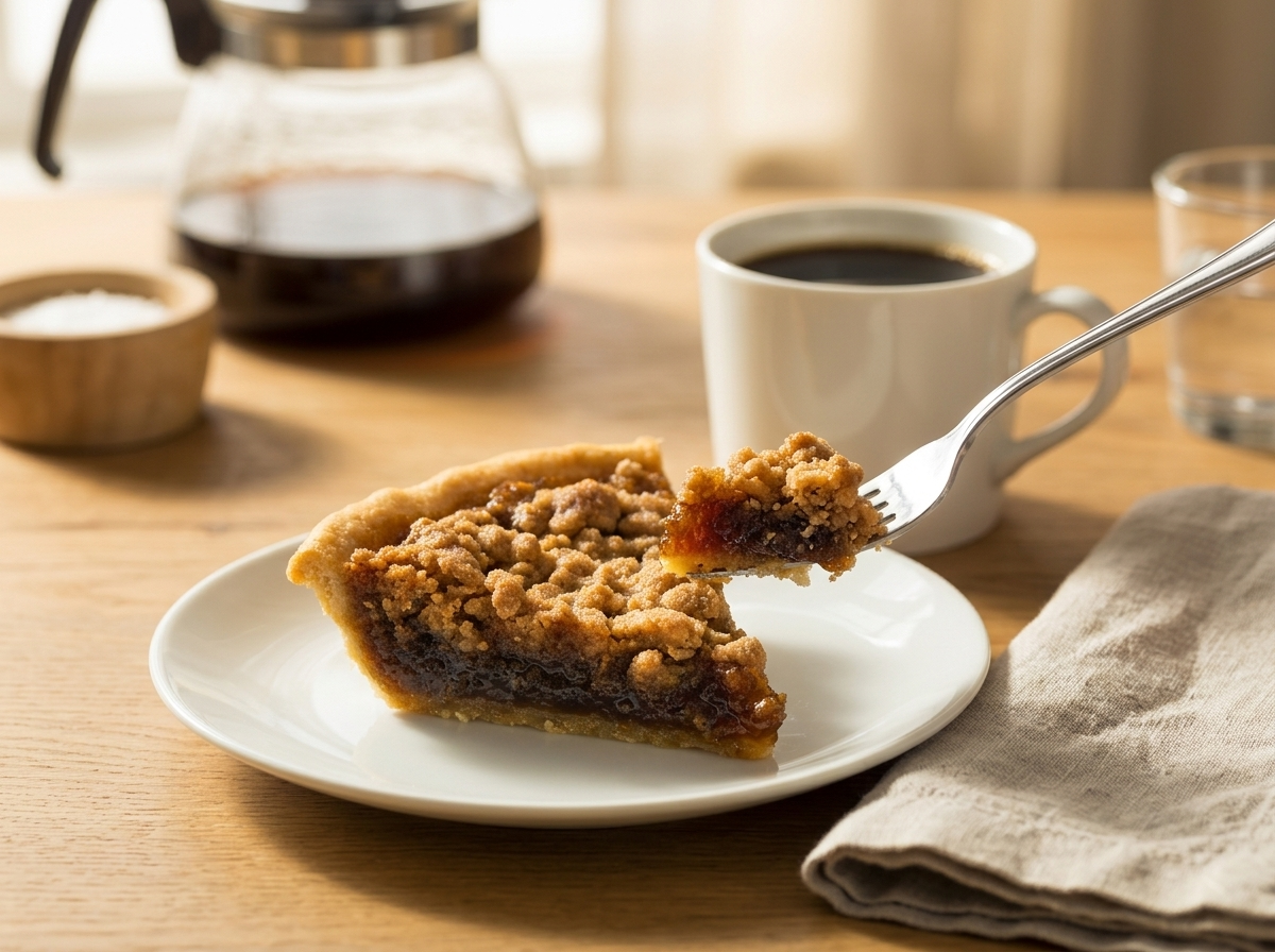 Shoofly pie served with a mug of black coffee and a fork on a wooden table by a sunny window