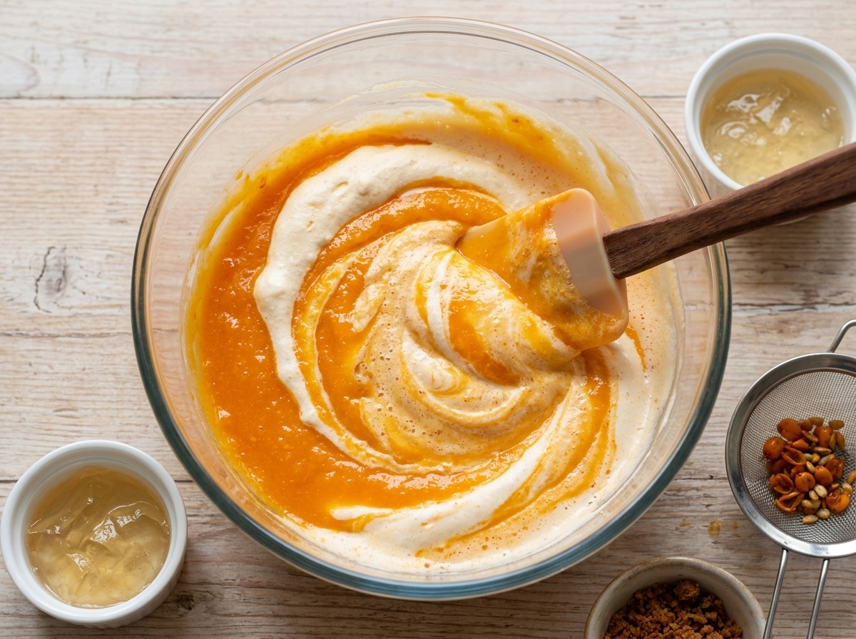 Hand folding whipped cream into bright orange berry puree with a spatula in a glass bowl on a wooden counter