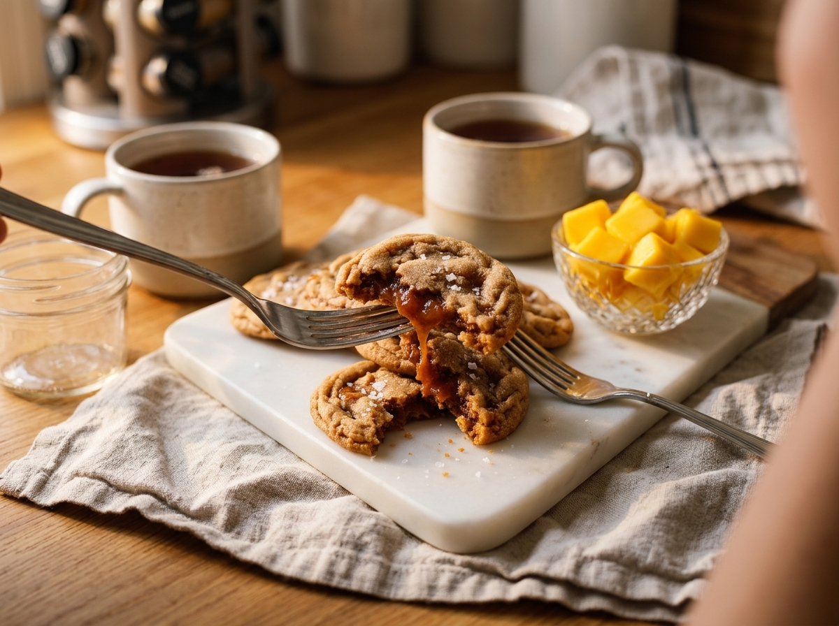 Warm cookies on a linen napkin beside two mugs of black tea at a sunny wooden kitchen table