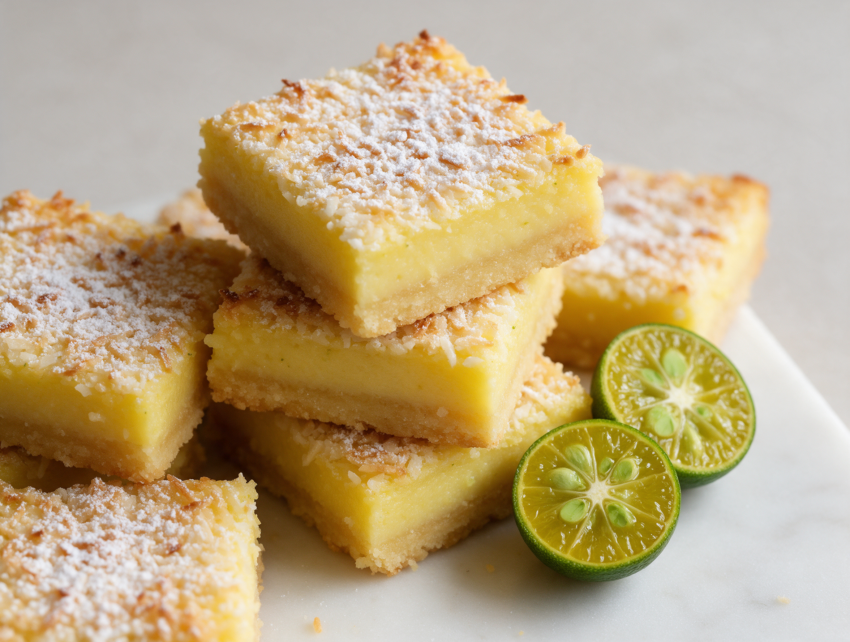 Square calamansi coconut bars topped with toasted flakes and powdered sugar on a white marble board, shot at an angle