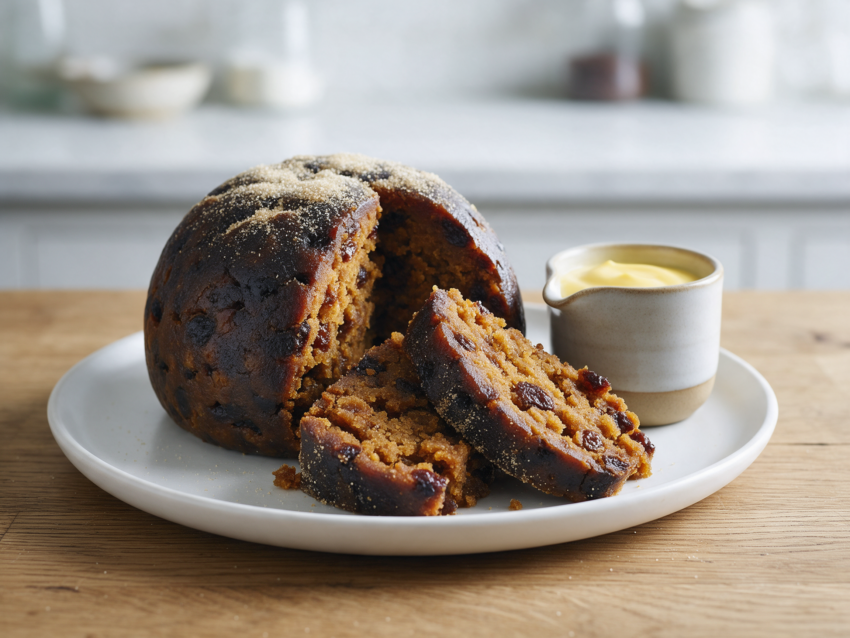 Sliced Scottish clootie dumpling on a white plate with dark chewy skin, studded with fruit, in soft window light