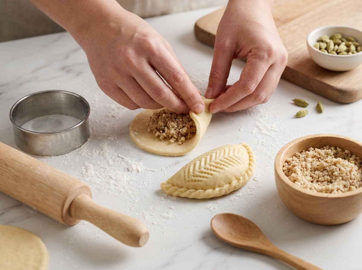 Hands pressing the edge of an almond-filled dough round shut into a half-moon on a floured marble counter