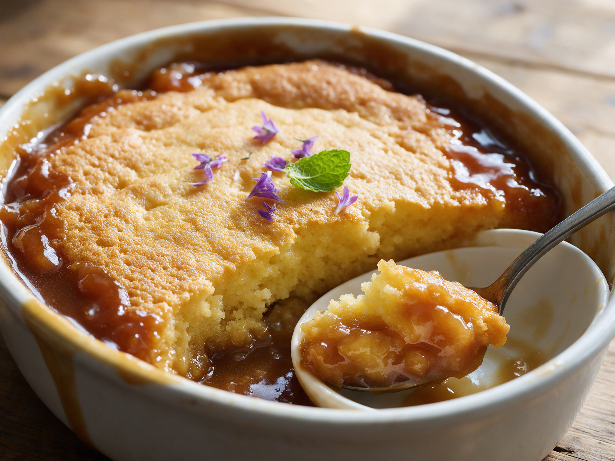 Maple pudding cake in a dish with dark syrup pooling around a golden cake top