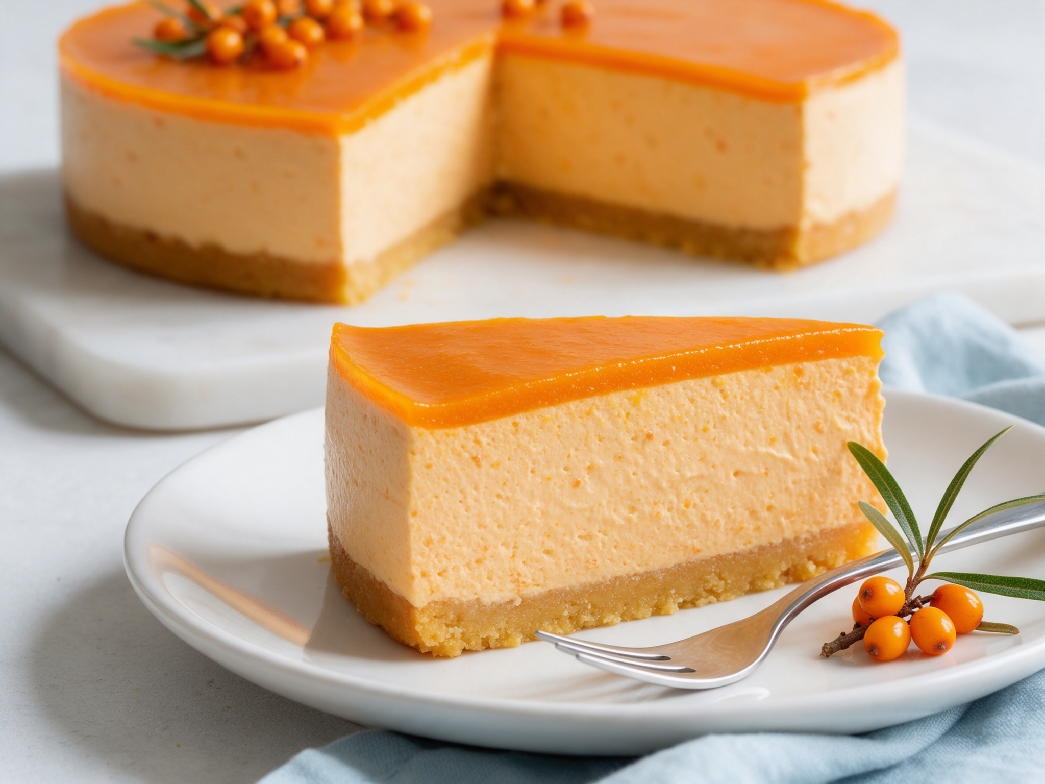 Slice of orange sea buckthorn mousse cake on a white plate with biscuit base and glossy glaze, marble board behind