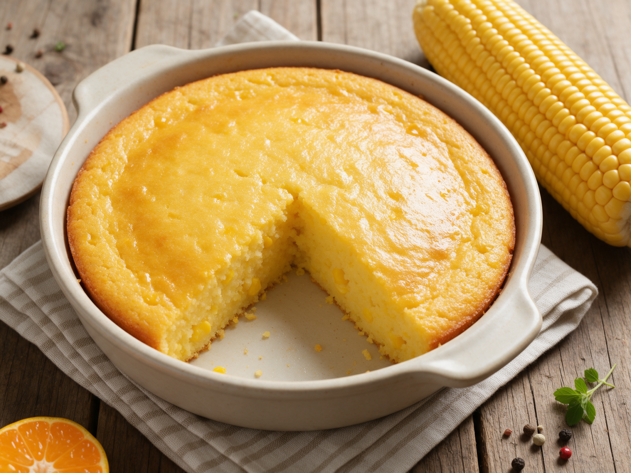 Golden sweet corn cake with a slice removed showing a dense moist crumb and corn nearby