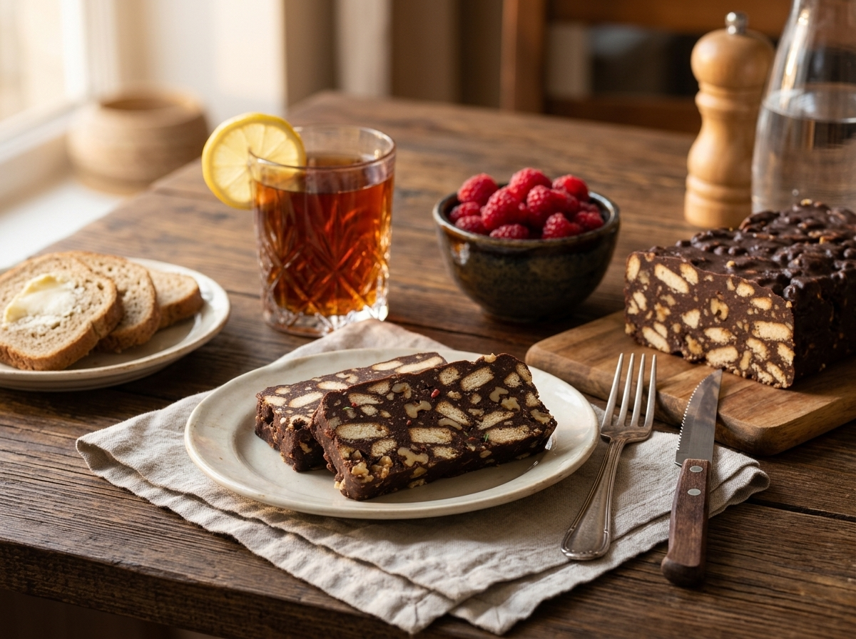 Two cake slices beside glass cups of black tea and fresh raspberries on a linen-covered table at golden hour