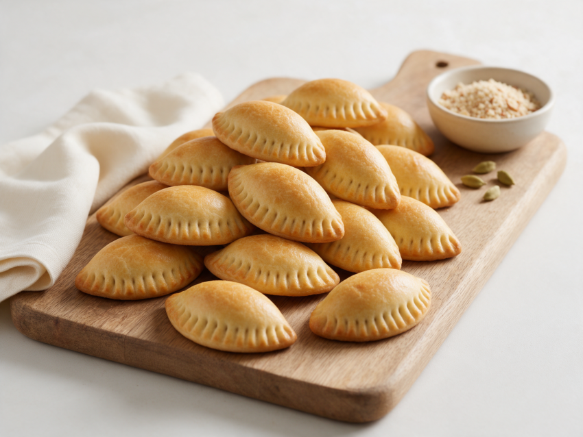 Golden shekerbura half-moons with pinched patterns on a wooden board beside ground almonds and cardamom pods