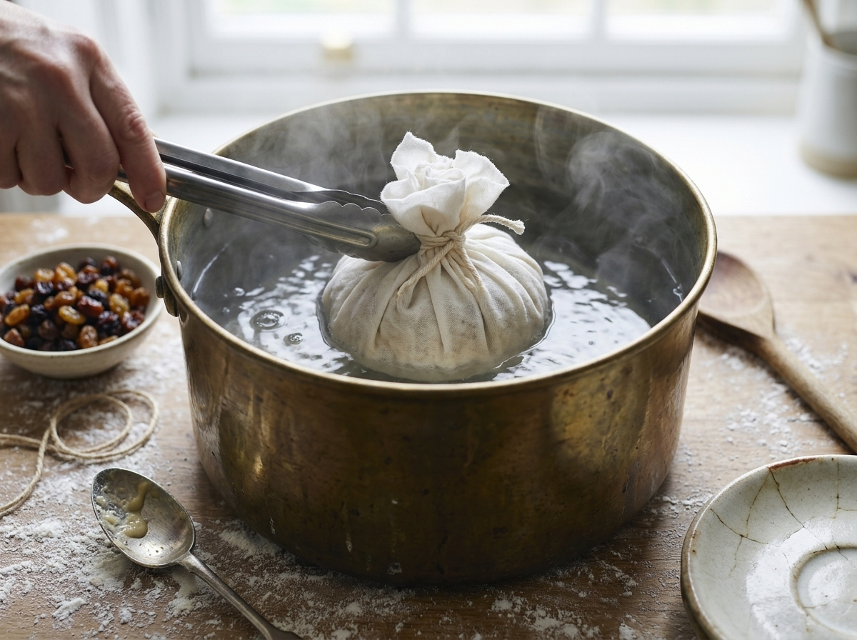 Tied cloth bundle of dumpling batter lowered with tongs onto a saucer in a pot of simmering water