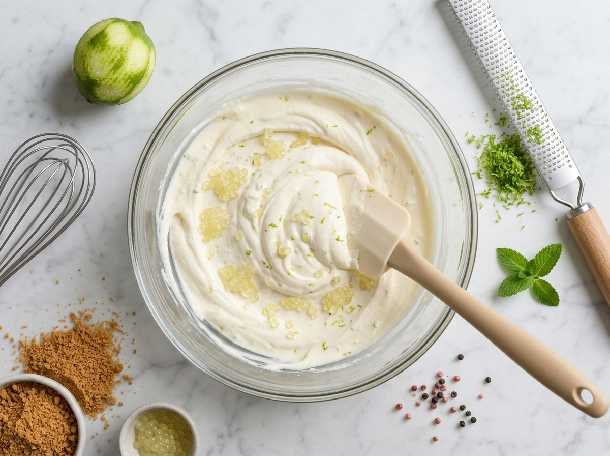 Spatula folding whipped cream into pale cream cheese filling in a glass bowl, lime zest flecks visible