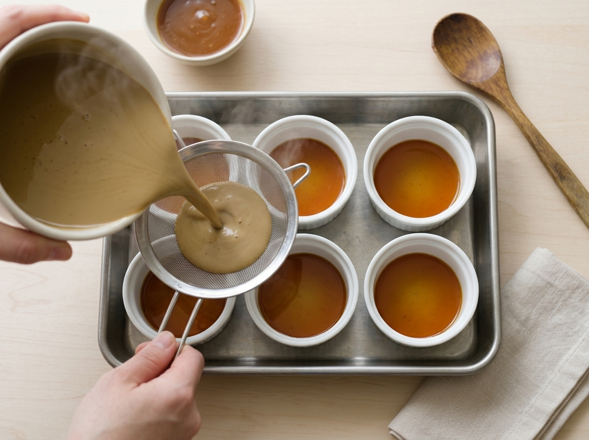 Hands pouring strained tea-infused custard through a fine-mesh sieve into ramekins coated with caramel