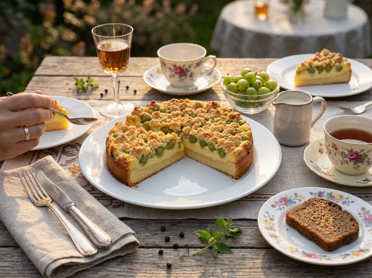 Two people sharing cake slices with a cream jug and tea cups on a linen-covered garden table in afternoon light
