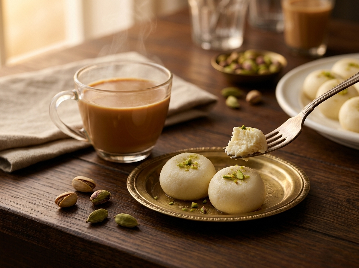 Two sandesh on a small brass plate next to a glass of masala chai on a wooden table in evening light